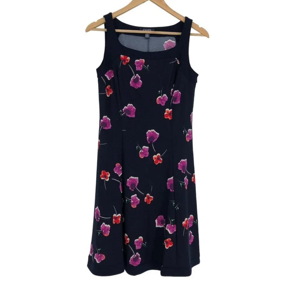 Chaps Navy Blue Floral Red Pink Sleeveless Fit & Flair midi dress SP